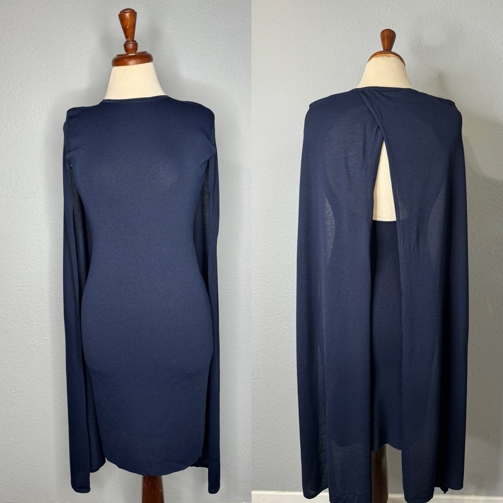 ZARA New Navy Blue Elegant Round‎ Neck Knit Cape Dress Slit Long Sleeves Size S